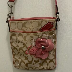Coach Tan/Pink Signature Jacquard Pattern/Leather Trim Crossbody Bag w/Flower